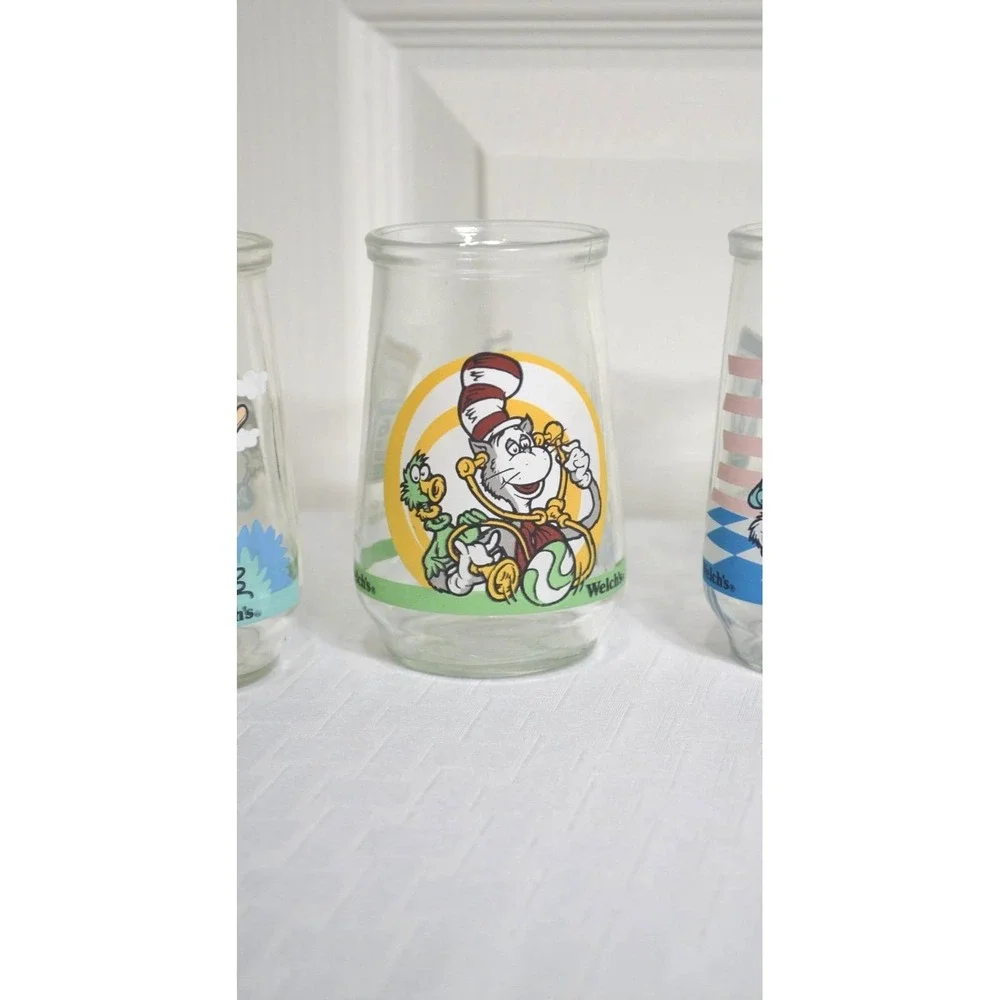 Vintage 1996 Welch Cat in The Hat Glass Jelly Jars, Complete Set of 6 Jars